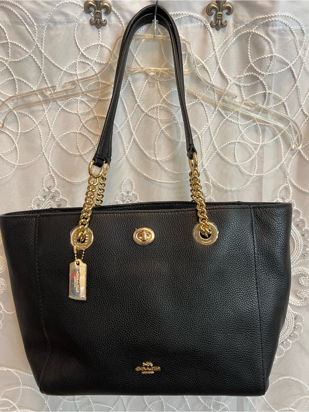 Coach Black Pebbled Leather Tote with Gold Chain Handles New Without Tags